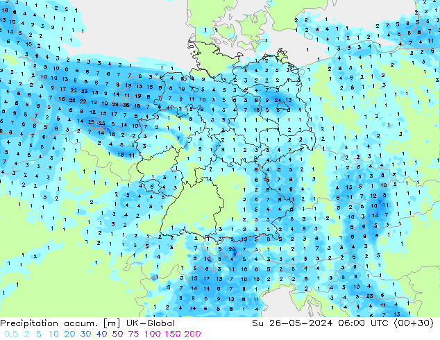 Precipitation accum. UK-Global  26.05.2024 06 UTC