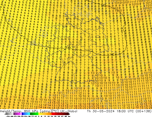 Height/Temp. 850 hPa UK-Global Th 30.05.2024 18 UTC