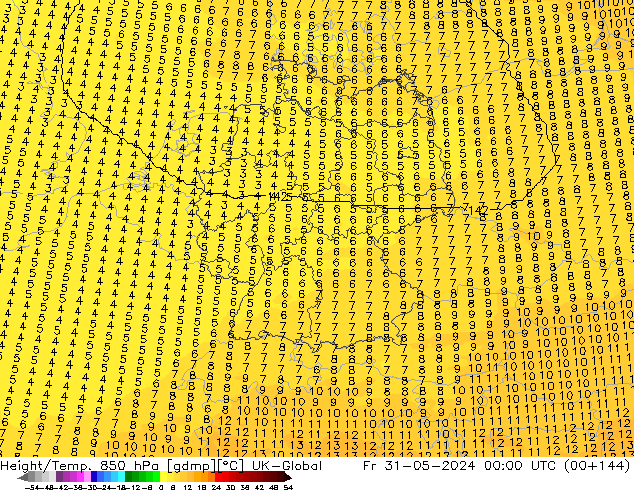 Hoogte/Temp. 850 hPa UK-Global vr 31.05.2024 00 UTC