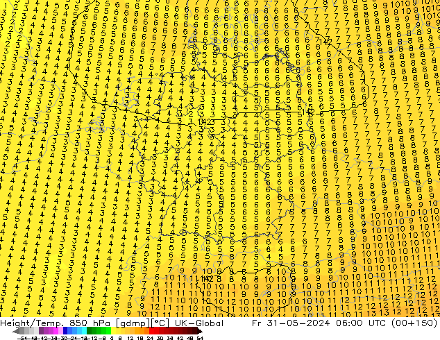 Géop./Temp. 850 hPa UK-Global ven 31.05.2024 06 UTC