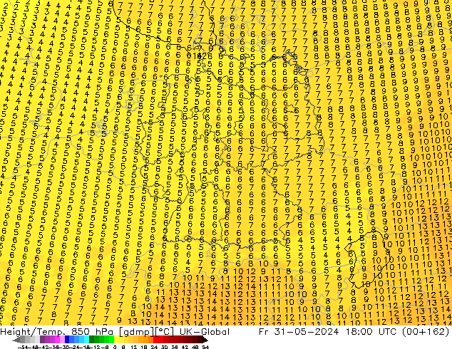 Hoogte/Temp. 850 hPa UK-Global vr 31.05.2024 18 UTC