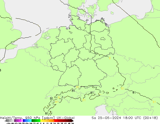 Height/Temp. 950 гПа UK-Global сб 25.05.2024 18 UTC