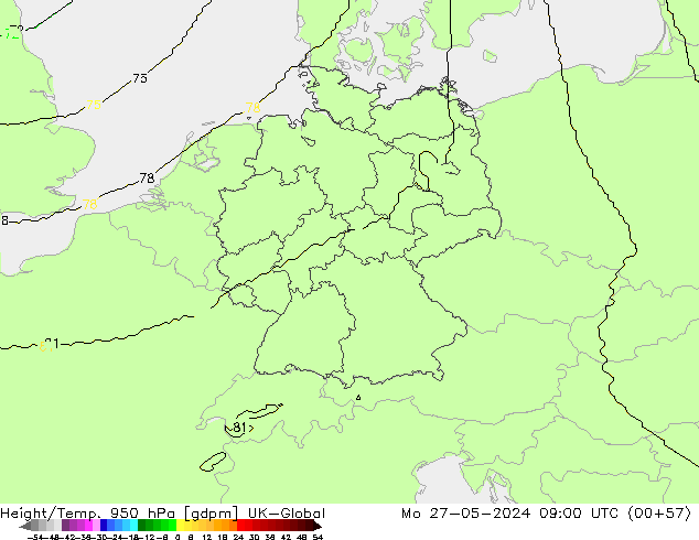 Height/Temp. 950 hPa UK-Global lun 27.05.2024 09 UTC