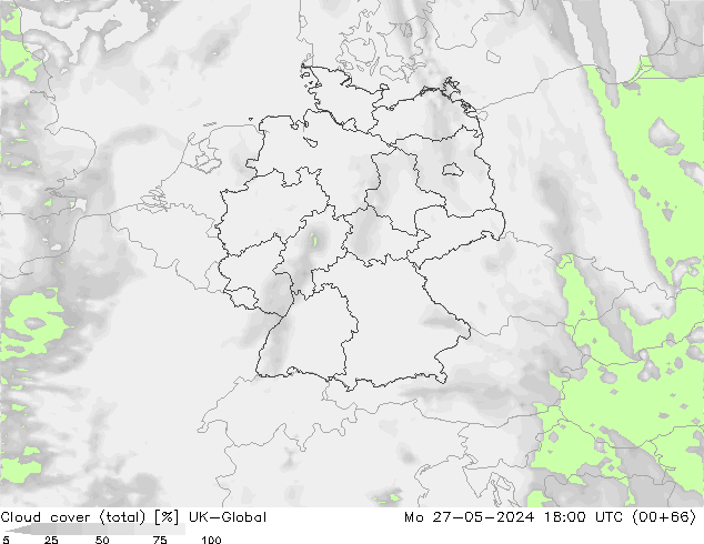 Cloud cover (total) UK-Global Mo 27.05.2024 18 UTC