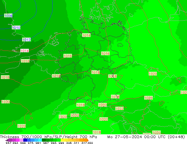 Dikte700-1000 hPa UK-Global ma 27.05.2024 00 UTC