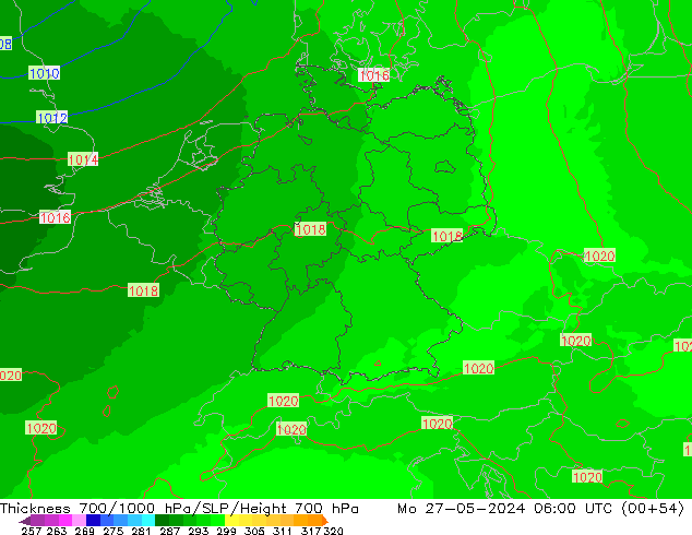 Thck 700-1000 гПа UK-Global пн 27.05.2024 06 UTC