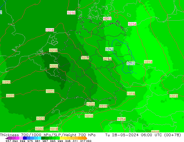 Thck 700-1000 hPa UK-Global mar 28.05.2024 06 UTC