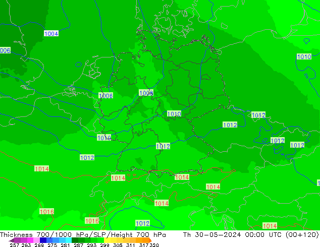 Thck 700-1000 hPa UK-Global Th 30.05.2024 00 UTC