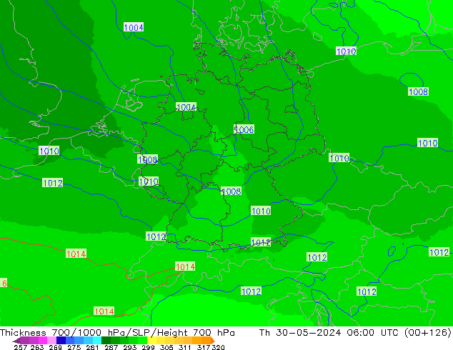 Thck 700-1000 hPa UK-Global czw. 30.05.2024 06 UTC