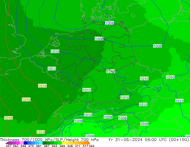 700-1000 hPa Kalınlığı UK-Global Cu 31.05.2024 06 UTC