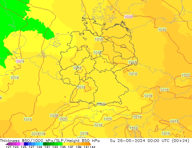 Espesor 850-1000 hPa UK-Global dom 26.05.2024 00 UTC