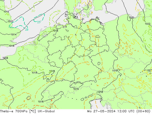 Theta-e 700hPa UK-Global Mo 27.05.2024 12 UTC
