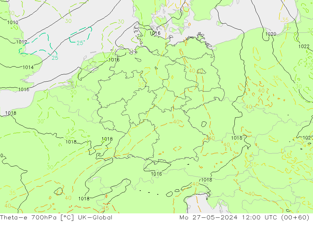 Theta-e 700hPa UK-Global pon. 27.05.2024 12 UTC
