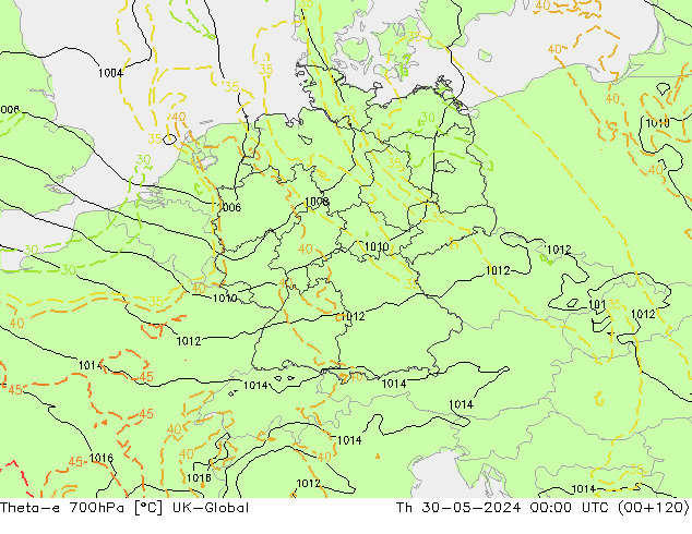 Theta-e 700hPa UK-Global do 30.05.2024 00 UTC