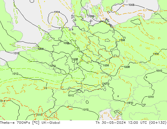 Theta-e 700hPa UK-Global do 30.05.2024 12 UTC