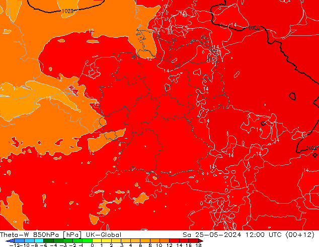 Theta-W 850hPa UK-Global za 25.05.2024 12 UTC