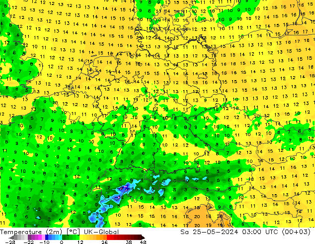 Sıcaklık Haritası (2m) UK-Global Cts 25.05.2024 03 UTC