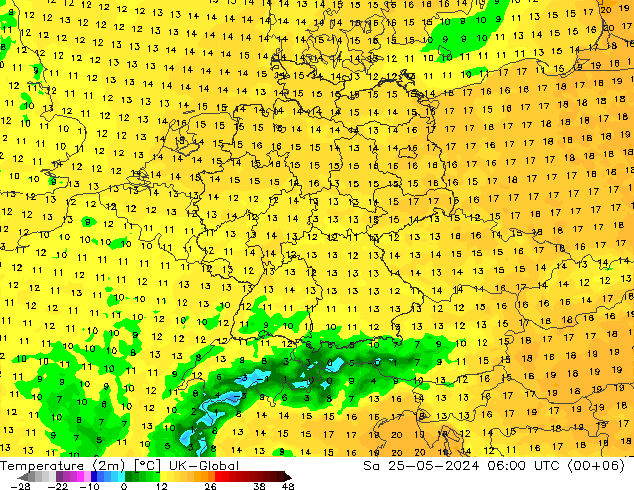 mapa temperatury (2m) UK-Global so. 25.05.2024 06 UTC