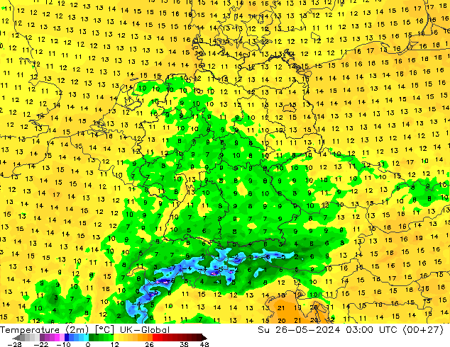 Temperatura (2m) UK-Global dom 26.05.2024 03 UTC