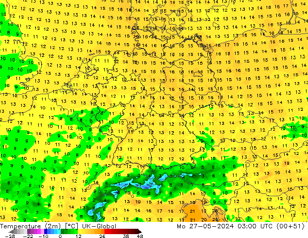 Temperature (2m) UK-Global Mo 27.05.2024 03 UTC