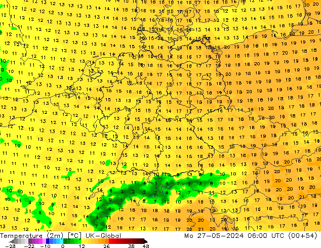 Temperature (2m) UK-Global Mo 27.05.2024 06 UTC