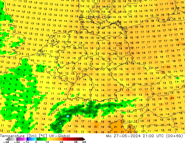 Temperature (2m) UK-Global Mo 27.05.2024 21 UTC