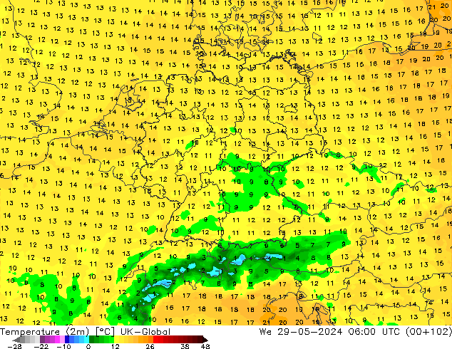 Temperature (2m) UK-Global We 29.05.2024 06 UTC