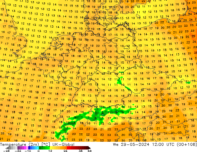 Temperaturkarte (2m) UK-Global Mi 29.05.2024 12 UTC