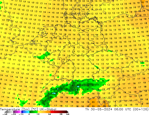 Temperatura (2m) UK-Global Qui 30.05.2024 06 UTC