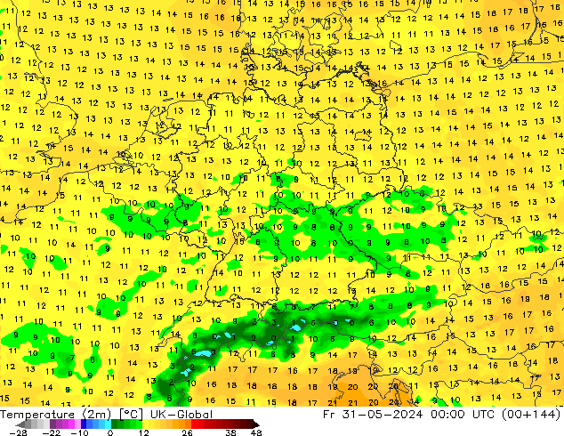 Temperatuurkaart (2m) UK-Global vr 31.05.2024 00 UTC