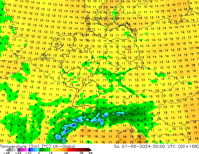 Temperatura (2m) UK-Global Sáb 01.06.2024 00 UTC