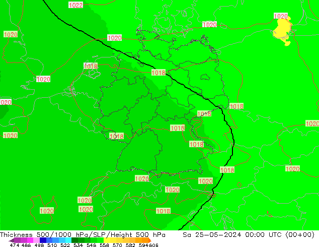 Dikte 500-1000hPa UK-Global za 25.05.2024 00 UTC