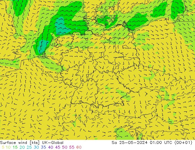 Wind 10 m UK-Global za 25.05.2024 01 UTC