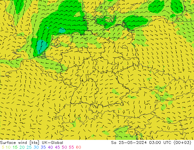 Wind 10 m UK-Global za 25.05.2024 03 UTC