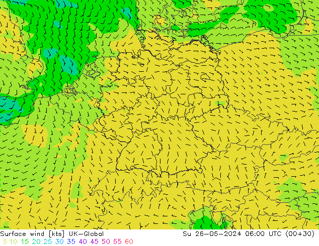 Surface wind UK-Global Su 26.05.2024 06 UTC