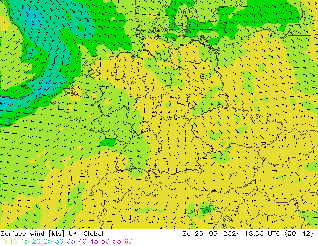 Surface wind UK-Global Ne 26.05.2024 18 UTC