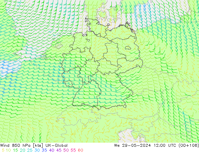 wiatr 850 hPa UK-Global śro. 29.05.2024 12 UTC