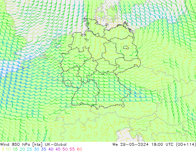 wiatr 850 hPa UK-Global śro. 29.05.2024 18 UTC