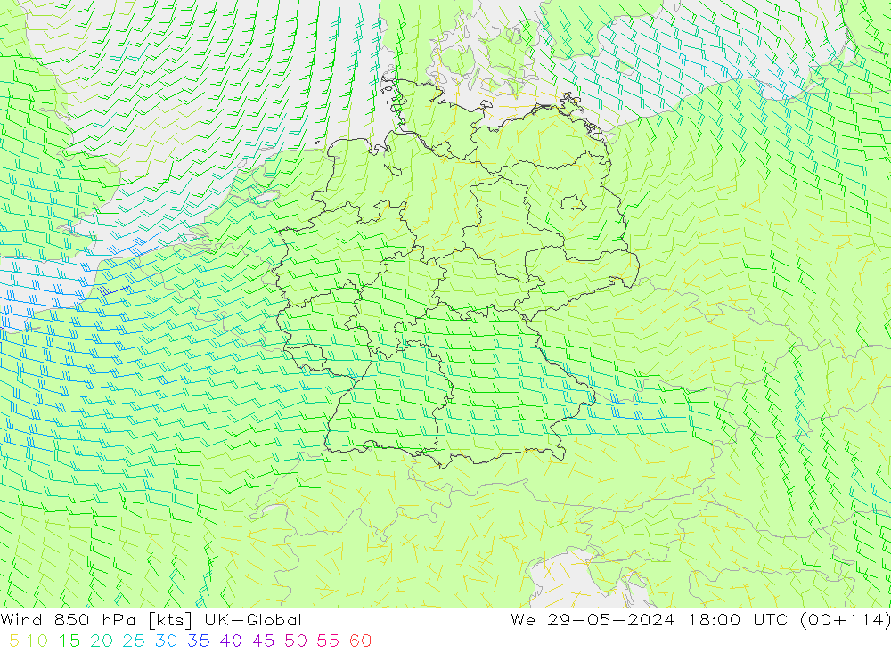 Wind 850 hPa UK-Global St 29.05.2024 18 UTC