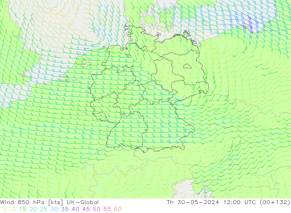 Wind 850 hPa UK-Global Čt 30.05.2024 12 UTC