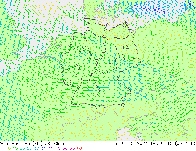 Vento 850 hPa UK-Global Qui 30.05.2024 18 UTC