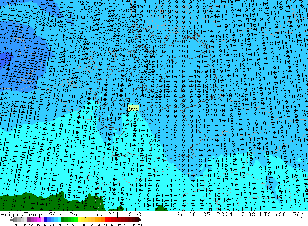 Height/Temp. 500 hPa UK-Global Su 26.05.2024 12 UTC