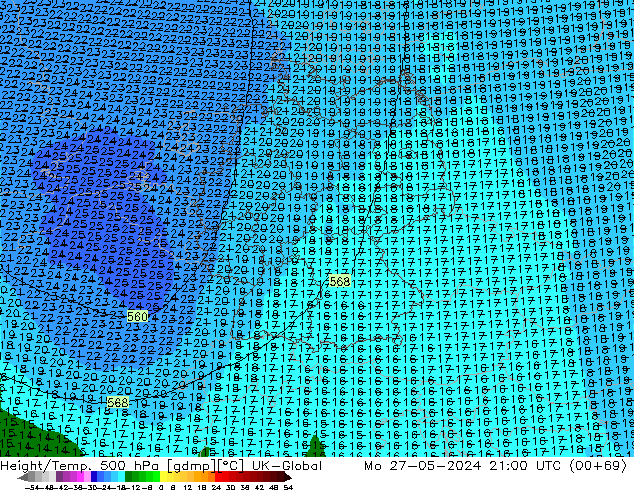 Height/Temp. 500 hPa UK-Global Mo 27.05.2024 21 UTC