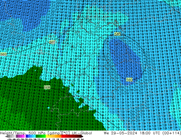 Hoogte/Temp. 500 hPa UK-Global wo 29.05.2024 18 UTC