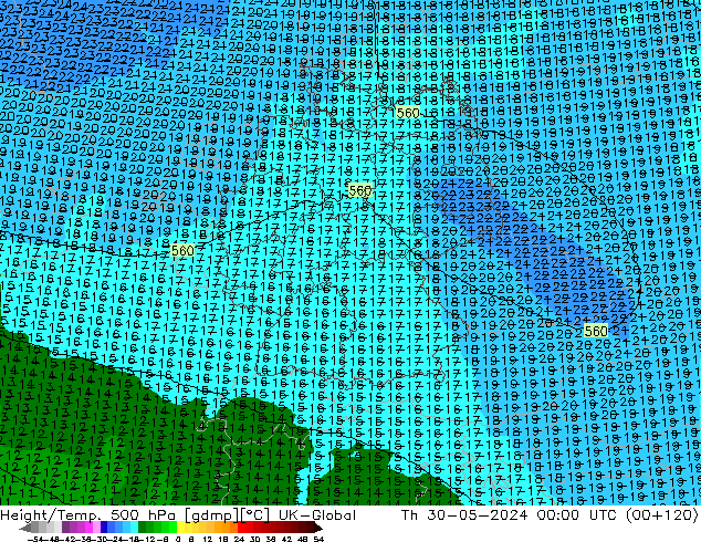 Height/Temp. 500 hPa UK-Global Qui 30.05.2024 00 UTC