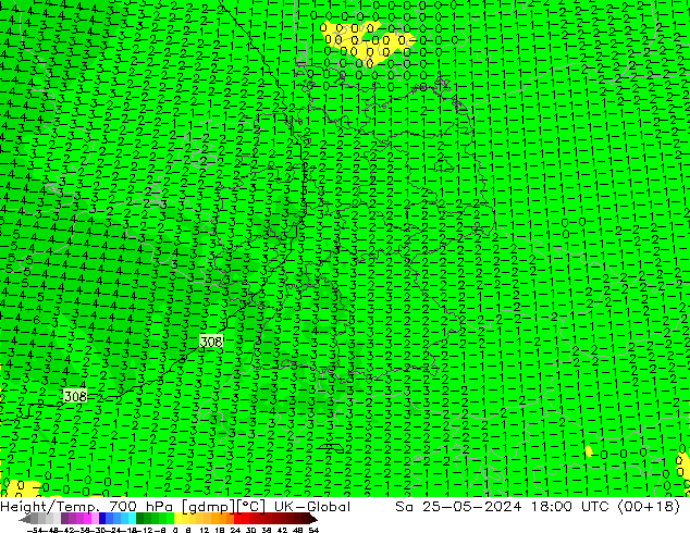 Hoogte/Temp. 700 hPa UK-Global za 25.05.2024 18 UTC