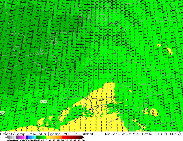 Géop./Temp. 700 hPa UK-Global lun 27.05.2024 12 UTC