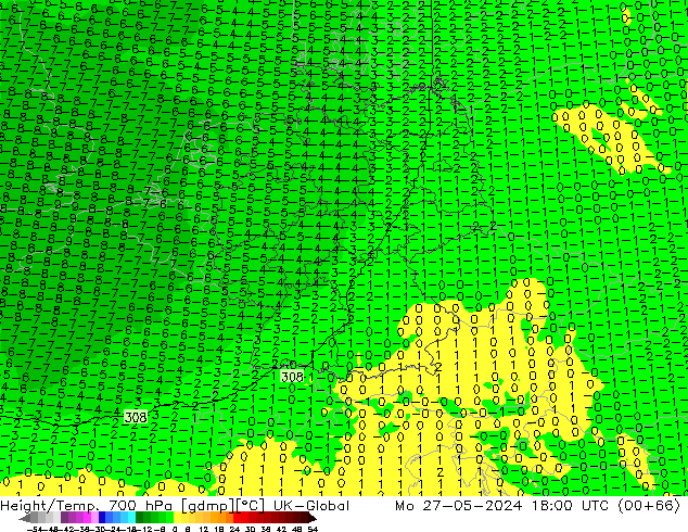 Height/Temp. 700 hPa UK-Global Seg 27.05.2024 18 UTC