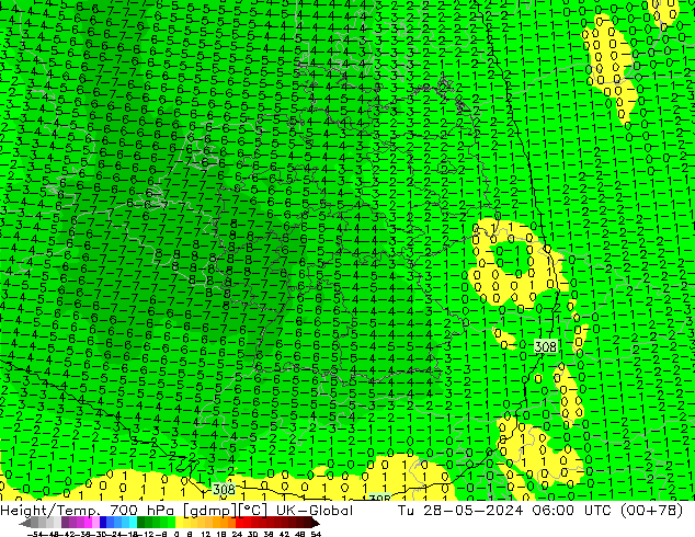 Height/Temp. 700 hPa UK-Global Tu 28.05.2024 06 UTC