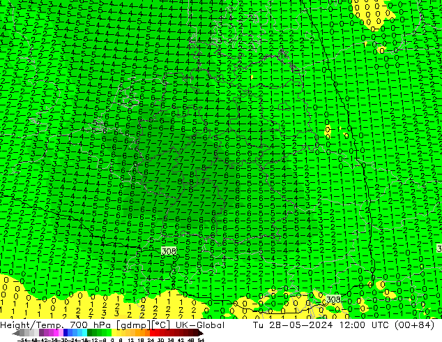 Height/Temp. 700 hPa UK-Global Út 28.05.2024 12 UTC